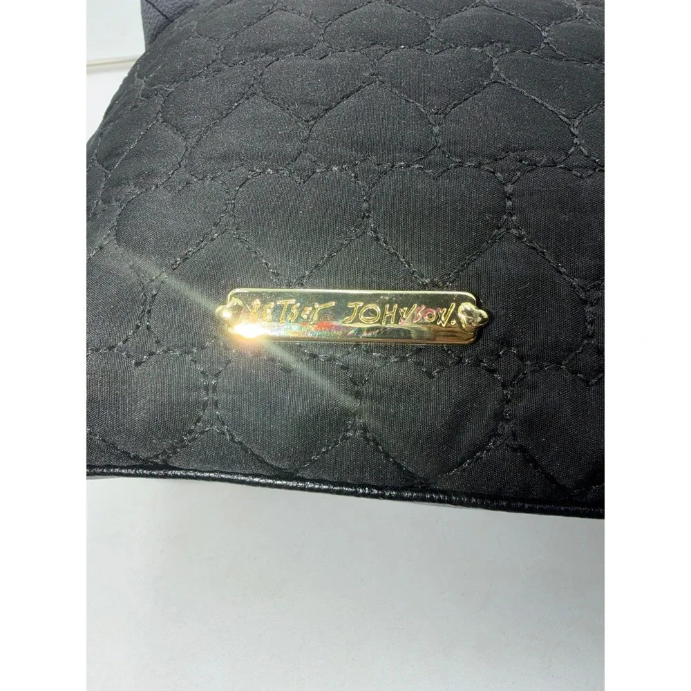Betsey Johnson Black Quilted Heart Cat Face Cosmetic Bag Rhinestone Eyes Pouch